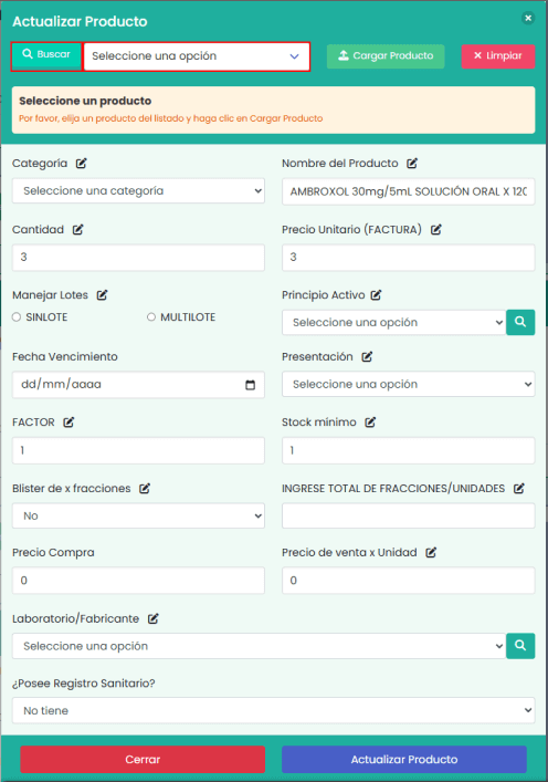 Productos en la factura