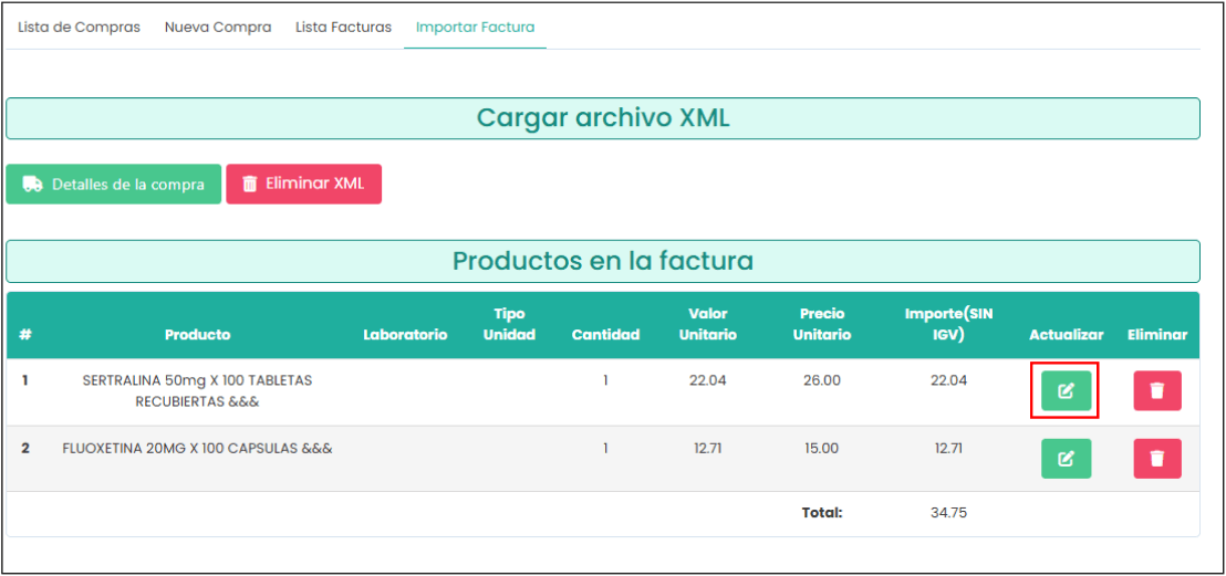 Productos en la factura