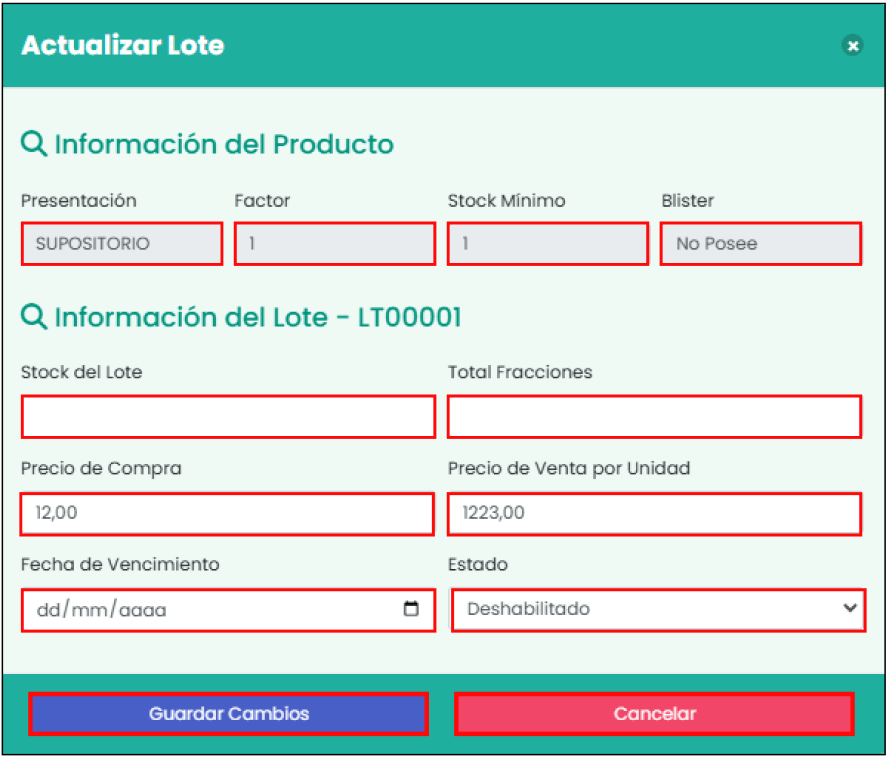 Formulario de actualización de lote