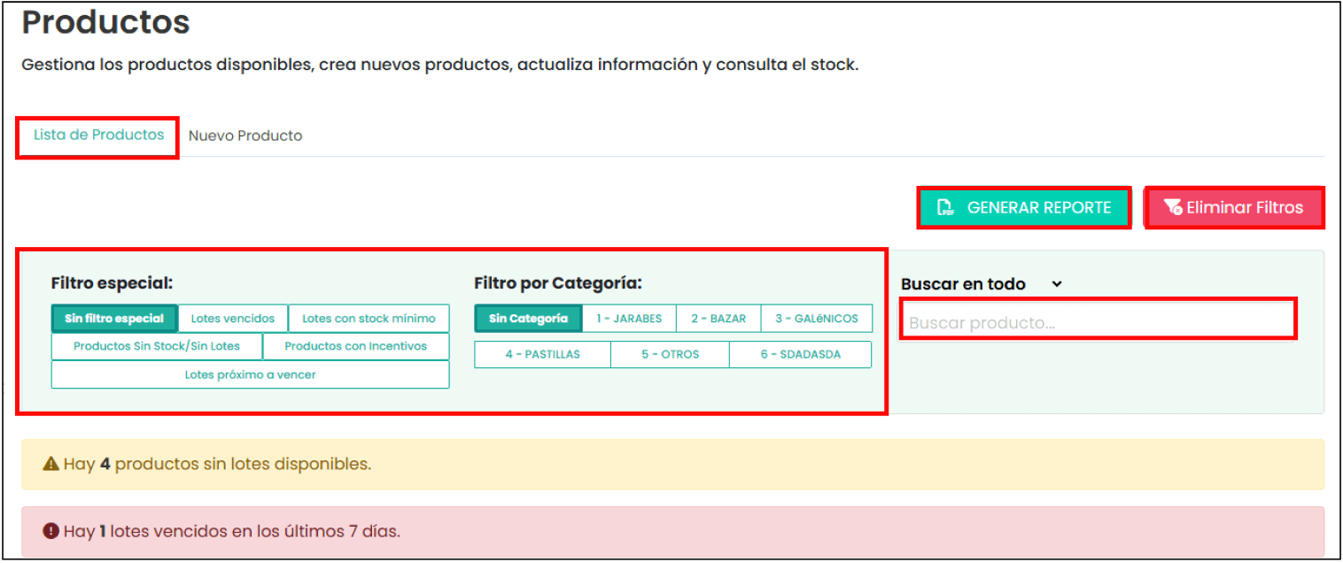 Listado de productos en inventario