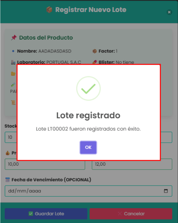 Confirmación de lote registrado