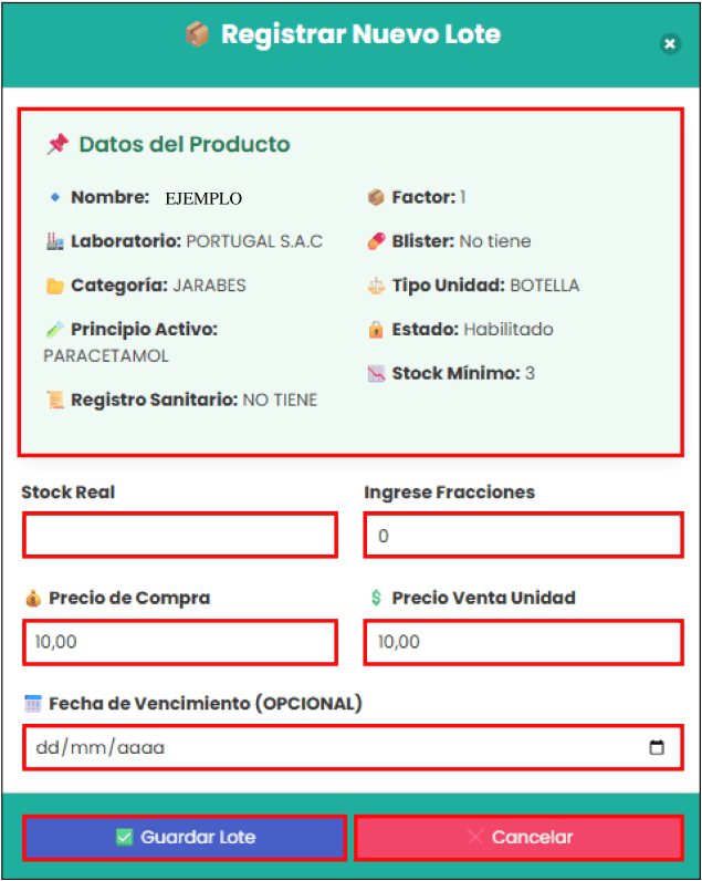 Formulario para nuevo lote
