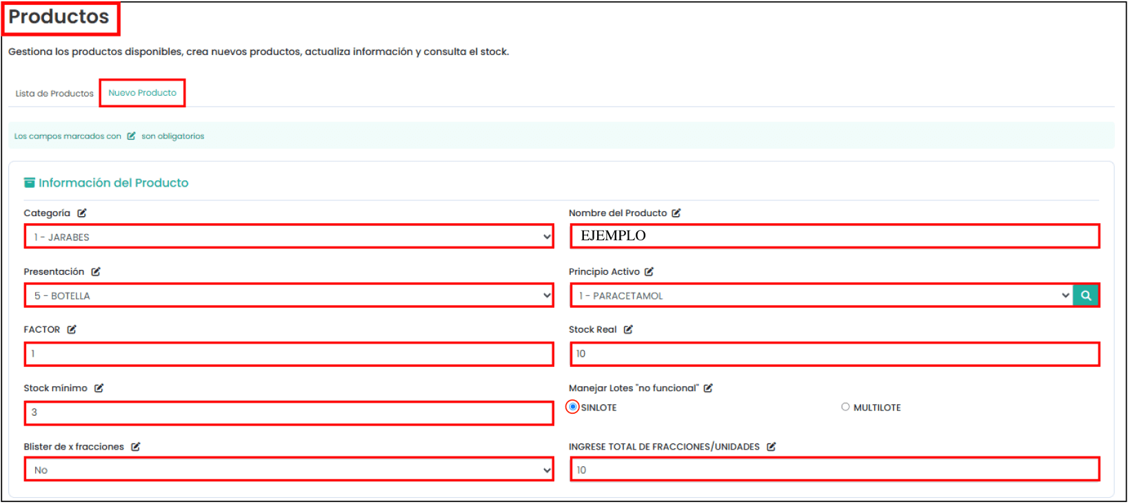 Formulario para nuevo producto