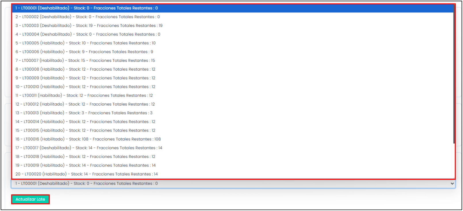 Opciones para actualizar lote