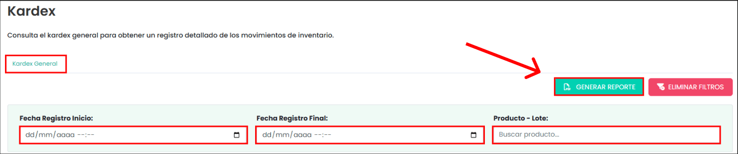 Vista de filtro de Kardex